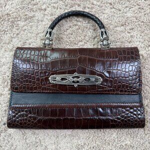 Brighton Wristlet Purse Black Brown Croc Leather Flap Minibag Vintage Wallet